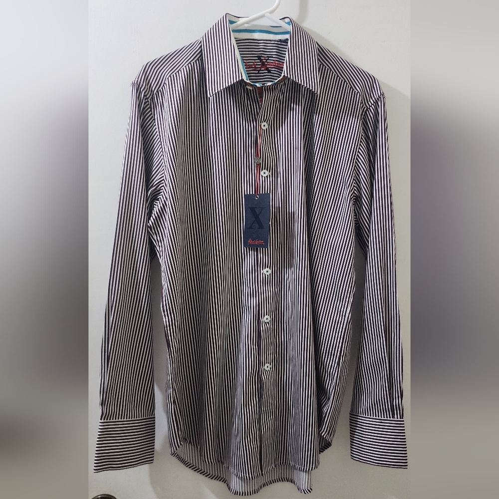 New Robert Graham Men's Striped Shirt - Purple and White, Size Medium, Cotton.